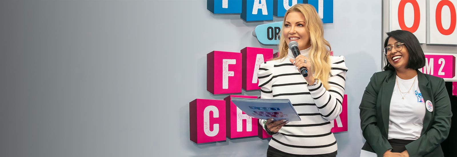 Plan Canada ambassador Cheryl Hickey hosts the Fact or Fact Check game show